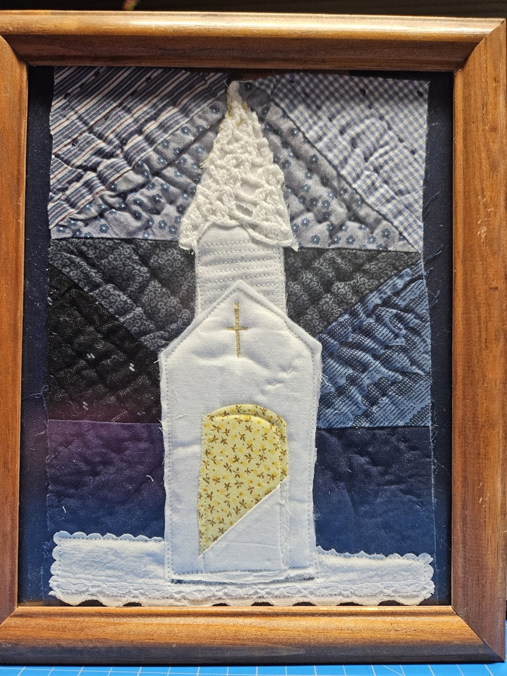 Handmade White & Blue Fabric Church Wall Art